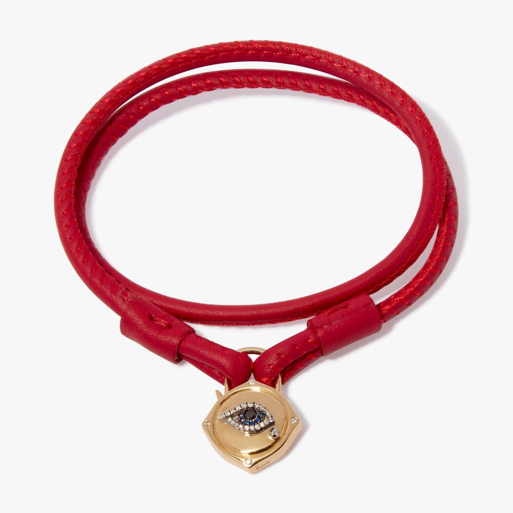 Lovelock 18ct Gold 41cms Red Leather Evil Eye Charm Bracelet | Annoushka jewelley